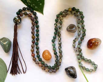 Indian Agate Mala, Gemstone Mala, Handknotted 108 Bead Tassel Mala, Japa Mala, Gemstone Bead Necklace