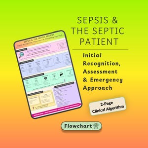 May include: A clinical algorithm flowchart titled Sepsis & The Septic Patient: Initial Recognition, Assessment & Emergency Approach. The document features color-coded sections for suspecting sepsis, looking for the source, recognizing organ dysfunction, screening, diagnosis, and immediate ABCDE assessment.