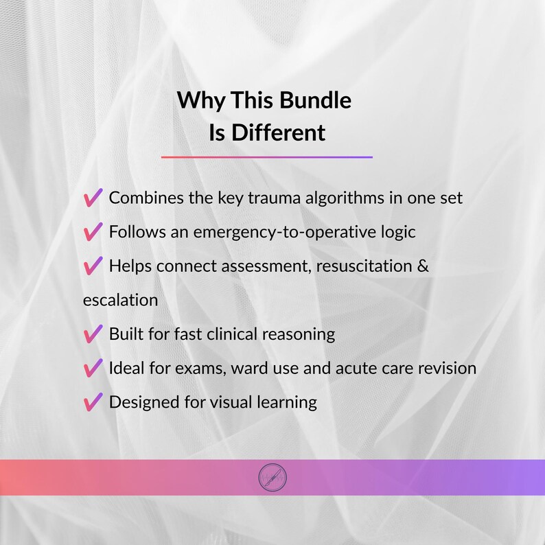 May include: A white informational graphic titled Why This Bundle Is Different, featuring a list of six bullet points marked with pink checkmarks. The text outlines benefits for trauma algorithms, clinical reasoning, and visual learning for medical study.