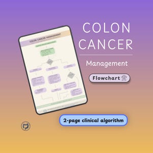 Puede incluir: Una tableta digital muestra un diagrama de flujo de "Manejo del cáncer de colon" con una combinación de colores púrpura y verde. También se ve el texto "Manejo del cáncer de colon" y "Diagrama de flujo". Una pancarta azul dice "algoritmo clínico de 2 páginas". El fondo es un degradado de púrpura y amarillo.