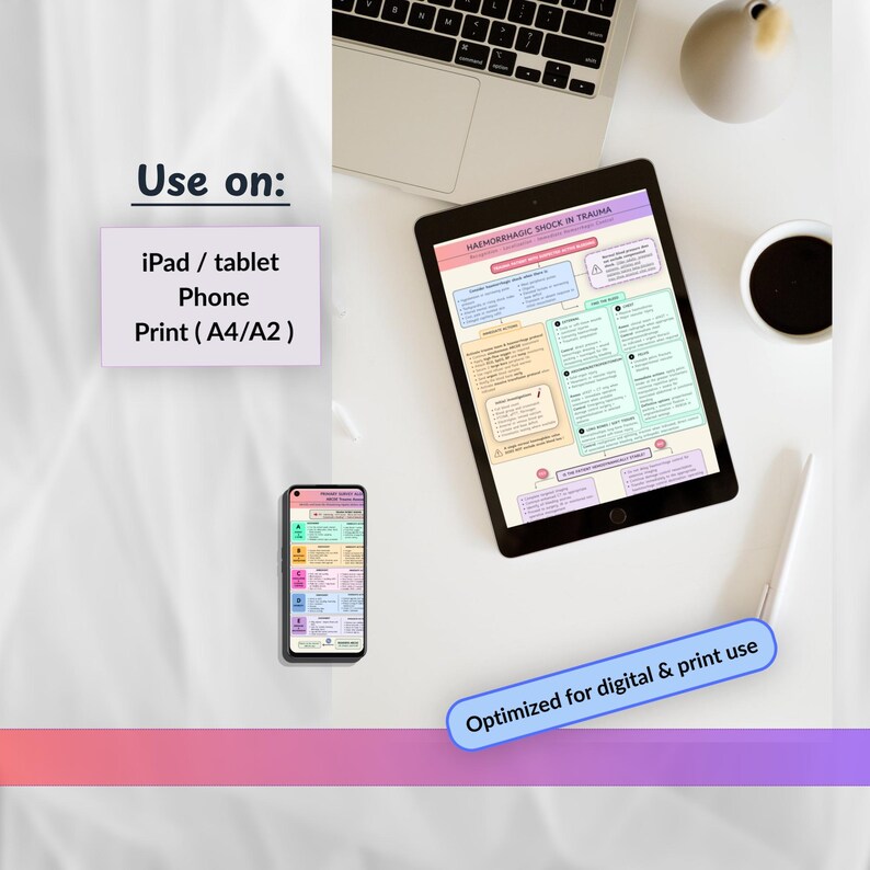 May include: A digital medical reference chart titled Haemorrhagic Shock in Trauma displayed on a tablet and a smartphone. The chart features colour-coded sections with text, flowcharts, and clinical guidelines. Text on the image includes Use on: iPad / tablet, Phone, Print (A4/A2) and Optimized for digital & print use.