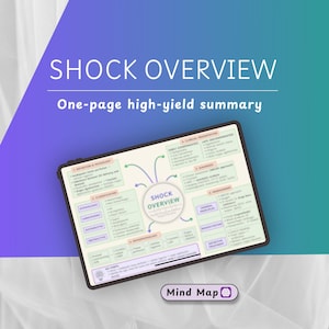 Op de afbeelding: Een tablet toont een "SHOCK OVERVIEW" mindmap, een samenvatting van één pagina met gedetailleerde medische informatie. De achtergrond heeft een paarse en teal gradiënt, met de tekst "Mind Map" onderaan.