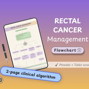 May include: A digital tablet displays a flowchart titled "Rectal Cancer Management." The image includes a pen, the words "Flowchart," and "2-page clinical algorithm." The background gradient transitions from purple to orange.
