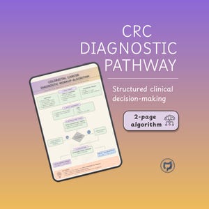May include: A digital tablet displays a medical diagram titled "CRC Diagnostic Pathway" with the subtitle "Colorectal Cancer Diagnostic Workup Algorithm." The diagram is on a gradient purple and orange background. The text "Structured clinical decision-making" is also visible.