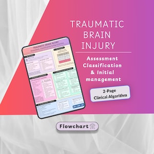 May include: A clinical reference document titled Traumatic Brain Injury Assessment, Classification & Key Priorities. The document is a 2-page clinical algorithm flowchart featuring sections on TBI severity, immediate assessment, and physiological targets.