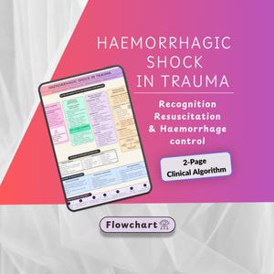 May include: A 2-page clinical algorithm flowchart titled Haemorrhagic Shock in Trauma. The document features sections on recognition, resuscitation, and hemorrhage control, organized with color-coded boxes and text detailing medical interventions.