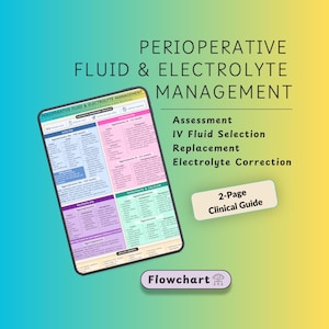 May include: A two-page clinical guide titled Perioperative Fluid & Electrolyte Management. The document features a color-coded flowchart detailing assessment, IV fluid selection, replacement, and electrolyte correction for sodium, potassium, magnesium, and phosphate.