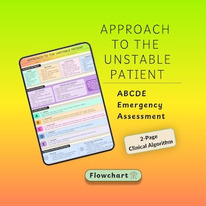 Puede incluir: Un algoritmo clínico digital titulado Approach to the Unstable Patient, que presenta un diagrama de flujo de evaluación de emergencia ABCDE. El documento describe los pasos médicos para las vías respiratorias, la respiración, la circulación, la discapacidad y la exposición, presentados en un diseño estructurado y codificado por colores en la pantalla de una tableta.