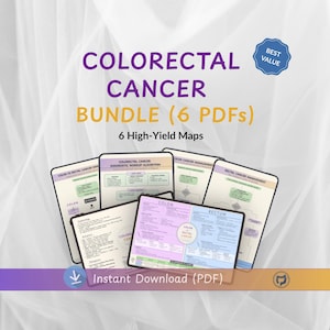 May include: A bundle of six PDFs on colorectal cancer, featuring high-yield maps. The title "COLORECTAL CANCER BUNDLE (6 PDFs)" is displayed in large, purple letters. The image includes diagrams and the text "Instant Download (PDF)". A "BEST VALUE" badge is also present.
