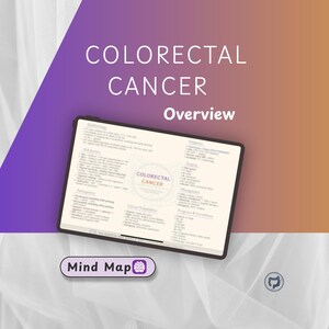 May include: A digital tablet displays a mind map titled "Colorectal Cancer Overview." The screen shows detailed medical information. The background features a gradient of purple and orange hues, with a white, textured backdrop.