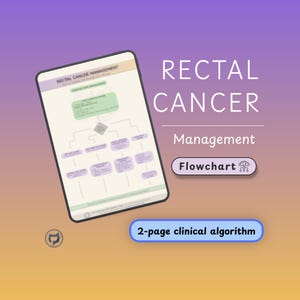 Könnte beinhalten: Ein digitales Tablet zeigt ein Flussdiagramm mit dem Titel "Rectal Cancer Management". Das Diagramm enthält einen 2-seitigen klinischen Algorithmus und das Wort "Flowchart" in einem abgerundeten Rechteck. Der Hintergrund ist ein Farbverlauf aus Lila und Orange.