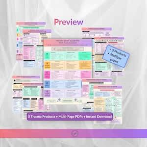 May include: A collection of five multi-page medical reference documents featuring trauma assessment algorithms, damage-control surgery protocols, and haemorrhagic shock management guides with colour-coded charts, text, and tables for clinical use.