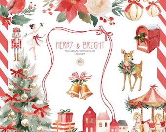 May include: Watercolor Christmas clipart with a red cardinal, poinsettias, ornaments, a nutcracker, a ballerina, a Christmas tree, gifts, bells, houses, a deer, and a carousel. The text reads "Merry & Bright".
