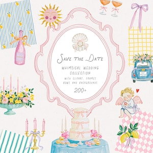 Peut inclure: Une collection numérique d'illustrations à l'aquarelle avec un cadre rose et le texte Save the Date Whimsical Wedding Collection with clipart, frames bows and backgrounds 200+, un soleil, du champagne, une bague, une voiture et un gâteau.