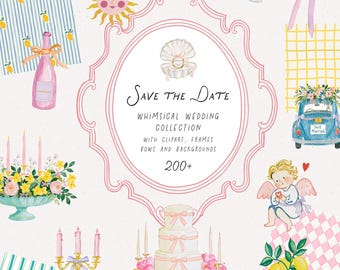 Wedding Clipart Bundle, Watercolor Whimsical Preppy Dolce Vita Summer Party Graphics, Bridal Shower Frames Backgrounds Bows Commercial Use
