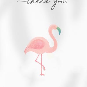Pu&ograve; includere: Illustrazione ad acquerello di un fenicottero rosa con becco verde su sfondo bianco. La scritta "thank you!" &egrave; in elegante corsivo. Un piccolo fiocco rosa adorna l'angolo in alto a destra.