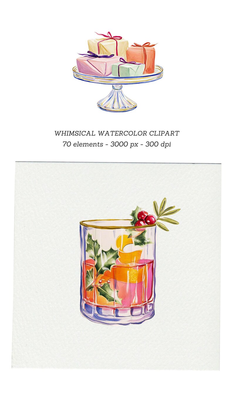 Op de afbeelding: Een aquarelillustratie met een glazen voetstuk waarop vier ingepakte cadeautjes met linten staan, en een apart drinkglas met een roze drankje gegarneerd met hulstblaadjes, rode bessen en een schilletje van een sinaasappel.