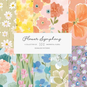 Puede incluir: Una colección de 100 patrones florales caprichosos sin costuras. La imagen muestra varios diseños florales en una variedad de colores, incluyendo margaritas, flores amarillas y flores naranjas. El texto "Flower Symphony" se muestra en el centro.