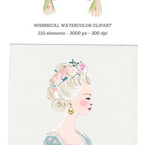 May include: Watercolor clipart featuring a decorative curtain in shades of green, blue, and pink, with tassel accents. Below, a side profile of a woman with a floral headpiece, gold earrings, and a blue dress. Text reads: WHIMSICAL WATERCOLOR CLIPART.