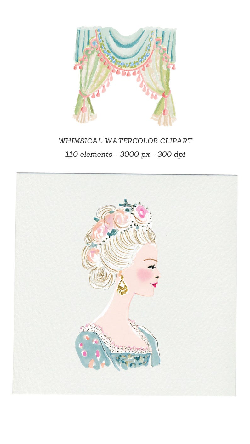 May include: Watercolor clipart featuring a decorative curtain in shades of green, blue, and pink, with tassel accents. Below, a side profile of a woman with a floral headpiece, gold earrings, and a blue dress. Text reads: WHIMSICAL WATERCOLOR CLIPART.