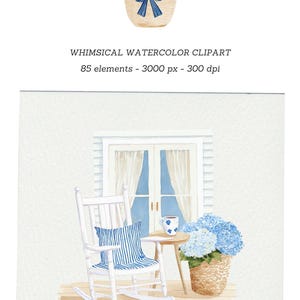 Puede incluir: Ilustraci&oacute;n en acuarela de una mecedora blanca con un coj&iacute;n a rayas azules, una mesita con una taza de t&eacute; y una cesta de hortensias azules. La imagen incluye el texto: "WHIMSICAL WATERCOLOR CLIPART 85 elementos - 3000 px - 300 dpi."