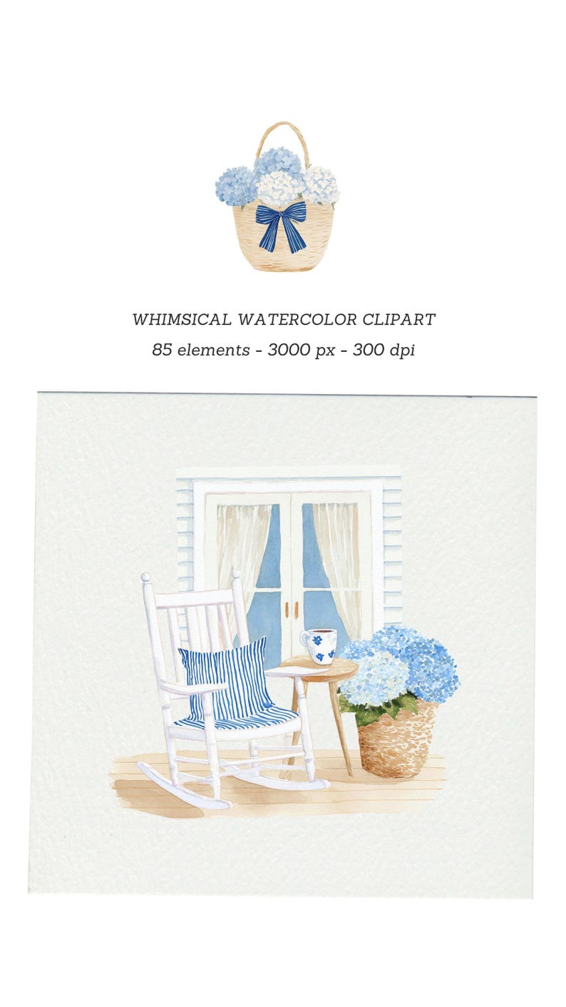 Puede incluir: Ilustraci&oacute;n en acuarela de una mecedora blanca con un coj&iacute;n a rayas azules, una mesita con una taza de t&eacute; y una cesta de hortensias azules. La imagen incluye el texto: "WHIMSICAL WATERCOLOR CLIPART 85 elementos - 3000 px - 300 dpi."