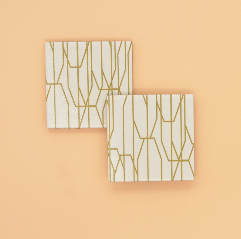 Gold Lines on White Minimal Simple Geometric Repurposed Tiles Ceramic Coasters image 2