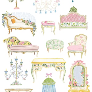 May include: Watercolor illustration of whimsical rococo clipart, featuring various furniture pieces like chandeliers, sofas, ottomans, and a desk. The designs incorporate floral patterns, pastel colors, and ornate details, evoking a vintage aesthetic.