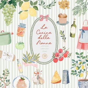 Puede incluir: Ilustración en acuarela con elementos de la cocina italiana. Incluye uvas, limones, tomates, pasta, un tarro de conservas, un pastel, una botella de vino, un delantal y el texto "La Cucina della Nonna".