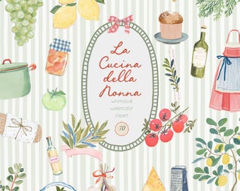 Italiaanse keuken clipart Dolce Vita Retro Vintage grillige aquarel set png-afbeeldingen (commercieel gebruik)