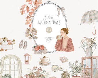 Autumn Clipart Watercolor Cozy Fall Neutral Bohemian Graphics Countryside Rustic Home Decor PNG Graphics Commercial Use