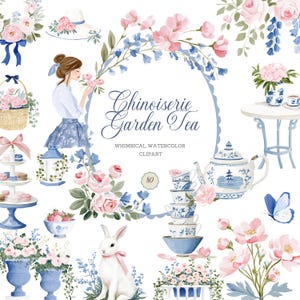 Puede incluir: Ilustración en acuarela con temática de fiesta de té en el jardín. La imagen incluye una mujer, un conejo, arreglos florales, tazas de té, una tetera y el texto "Chinoiserie Garden Tea". La paleta de colores es suave, con tonos rosas, azules y blancos.