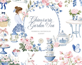 Puede incluir: Ilustración en acuarela con temática de fiesta de té en el jardín. La imagen incluye una mujer, un conejo, arreglos florales, tazas de té, una tetera y el texto "Chinoiserie Garden Tea". La paleta de colores es suave, con tonos rosas, azules y blancos.