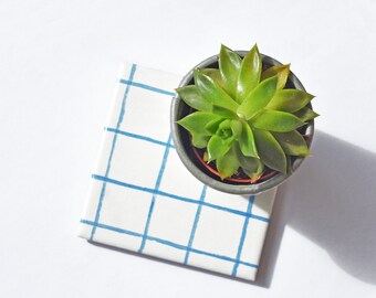 Blue Grid Coasters Watercolor Lines Minimal Modern Drink Ceramic Tile Coasters Beverage Coasters (en)