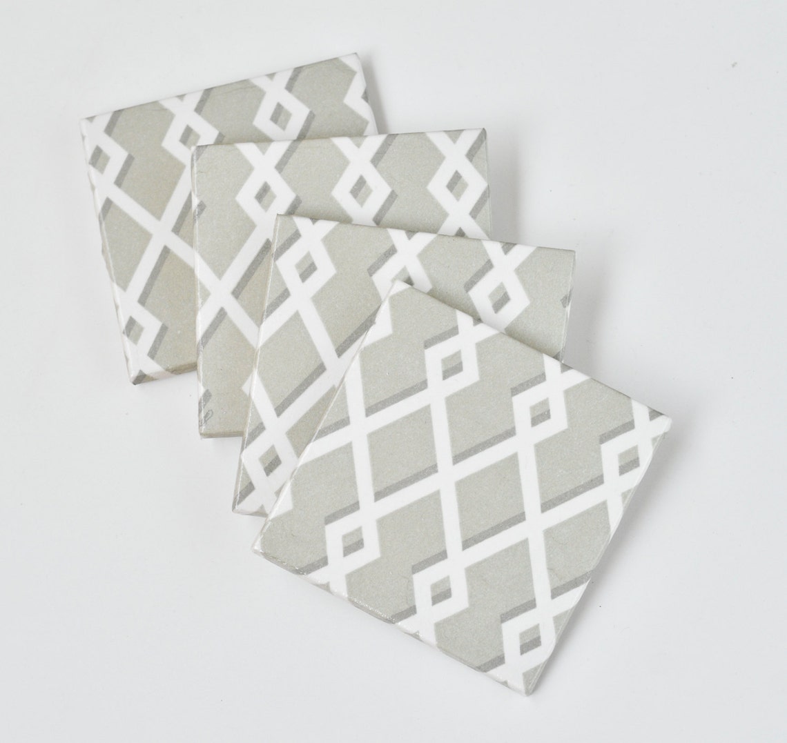 Geometric Coasters White on Grey Platinum Repurposed Tile Etsy