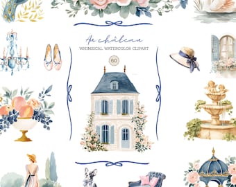 Aquarel preppy vintage tuin clipart Frans kasteel grillige Cottagecore commerciële PNG-licentie
