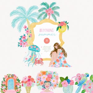 Può includere: Illustrazione ad acquerello a tema estivo. Presenta una cornice con la scritta "Blooming Summer" e il numero 70. Include palme, una medusa, un granchio e una donna con un abito floreale. Elementi aggiuntivi: fiori e un pappagallo.