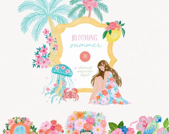 Imágenes prediseñadas florales de verano, flores costeras caprichosas en acuarela de estilo preppy, gráficos PNG de vacaciones tropicales y playeras retro