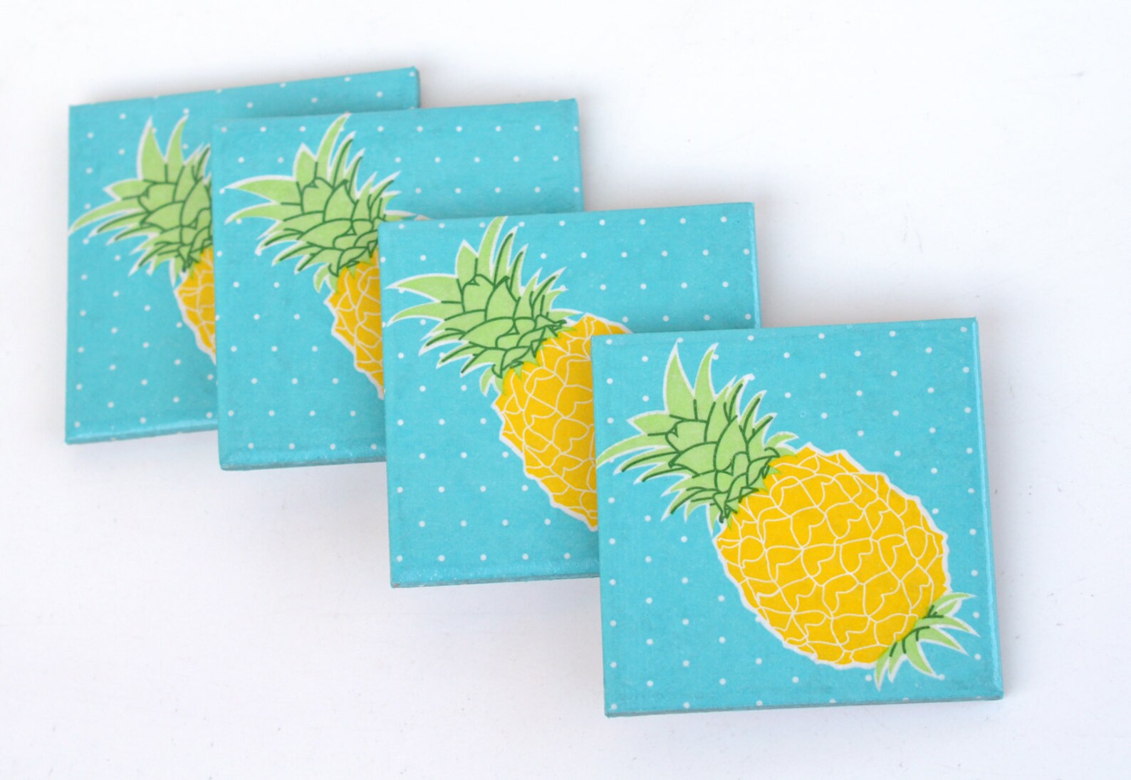 Pineapple Ceramic Coasters Yellow on Turquoise Summer Tropical Etsy