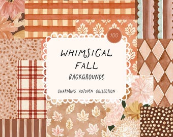 100 Fall Autumn Backgrounds Bundle, Whimsical Preppy Digital Paper, Watercolor Texture Patterns Background Graphics, Commercial License