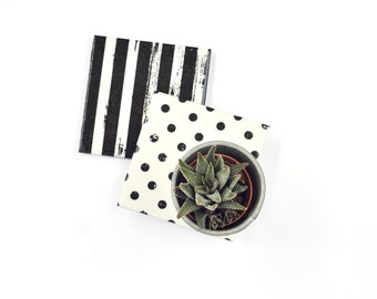 Stripes and Dots Coasters Re-Purposed Ceramic Tile Drink Coasters Black and White Geometric Minimal Modern