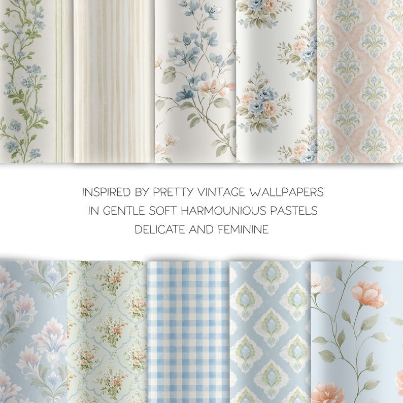 Antique Pattern Library Pastel Grandmillennial Seamless Patterns Bundle Watercolor Vintage Preppy ...