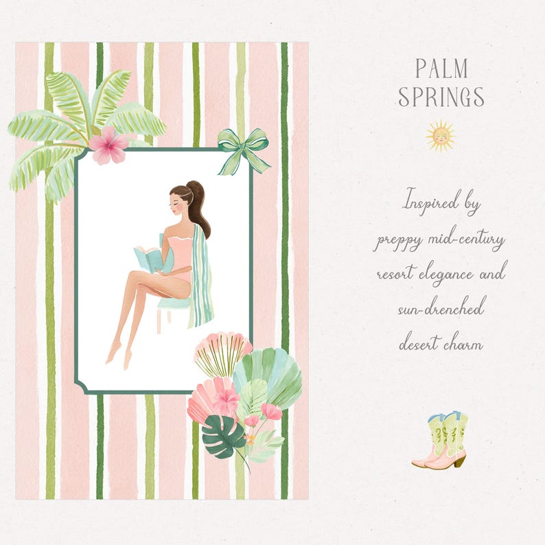 Pu&ograve; includere: Illustrazione ad acquerello di una donna che legge, su sfondo a righe rosa e verdi. L'immagine include il testo "PALM SPRINGS" e "Ispirato dall'eleganza preppy di met&agrave; secolo, dal fascino del resort e dal fascino del deserto baciato dal sole."