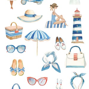 Preppy Coastal Clipart Watercolor Summer Retro Aesthetics Riviera Style Vacation Transparent PNG Commercial Use image 4