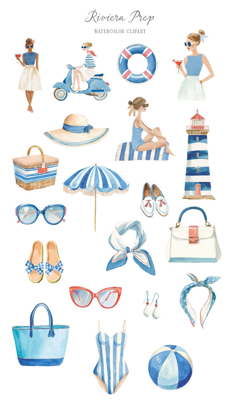 Preppy Coastal Clipart Watercolor Summer Retro Aesthetics Riviera Style Vacation Transparent PNG Commercial Use image 4