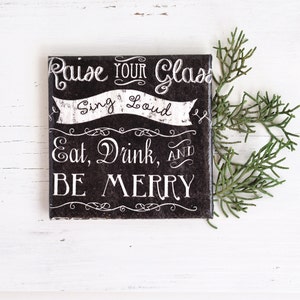 Merry Christmas Coasters Handmade Chalkboard Style Retro Font Quote Ceramic Tile Black Drink Coasters Hostess New Year Unique Holiday Gift image 1