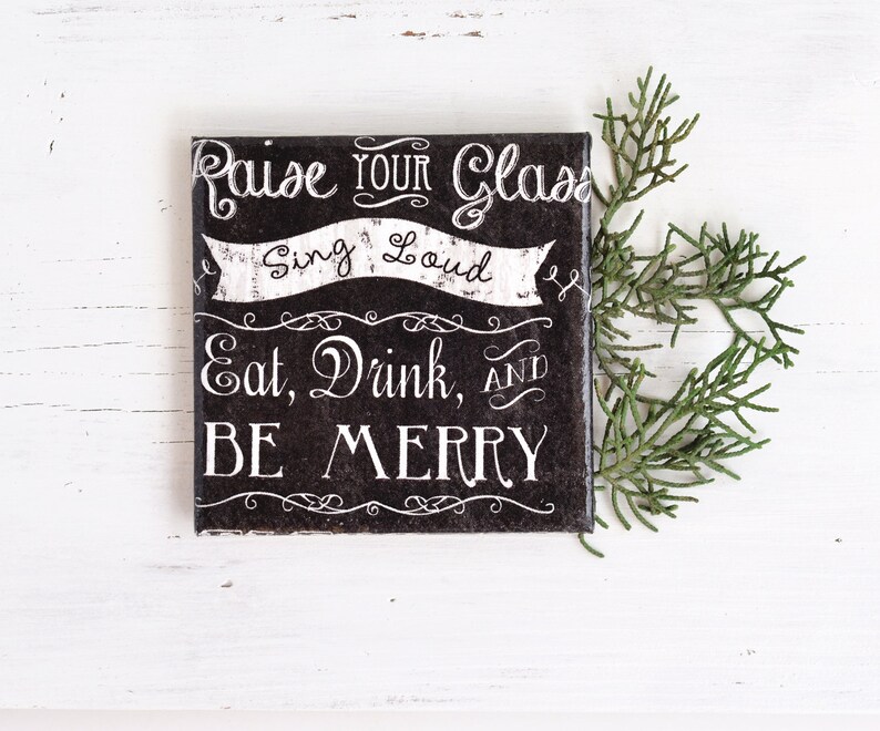 Merry Christmas Coasters Handmade Chalkboard Style Retro Font Quote Ceramic Tile Black Drink Coasters Hostess New Year Unique Holiday Gift image 1