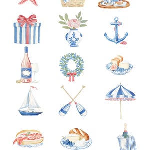 Puede incluir: Clipart de acuarela con ilustraciones de tem&aacute;tica n&aacute;utica y playera. Incluye una estrella de mar roja, una cesta de picnic, una tetera, una caja de regalo, un jarr&oacute;n con flores, un ancla, una botella de vino, un velero, remos, una sombrilla, una langosta, copas de vino y una tumbona.