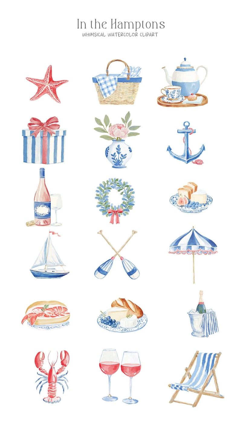 Puede incluir: Clipart de acuarela con ilustraciones de tem&aacute;tica n&aacute;utica y playera. Incluye una estrella de mar roja, una cesta de picnic, una tetera, una caja de regalo, un jarr&oacute;n con flores, un ancla, una botella de vino, un velero, remos, una sombrilla, una langosta, copas de vino y una tumbona.