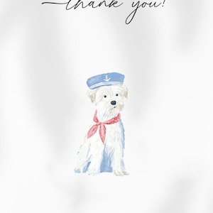 Puede incluir: Ilustraci&oacute;n en acuarela de un perro blanco con un gorro de marinero azul con un ancla y una bufanda roja de lunares. Las palabras "&iexcl;gracias!" est&aacute;n escritas en cursiva sobre un fondo blanco.
